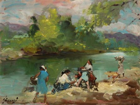 Francesco Bausi (Firenze, 1907) Lavandaie Olio su faesite, cm. 30,3x40,2...