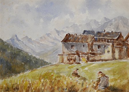 Leonardo Bazzaro (Milano, 1853 - 1937) Paesaggio con case Acquarello su...