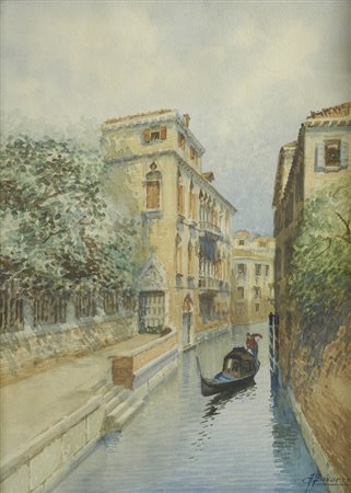 Andrea Biondetti (1851 - 1946) Gondola sul canale Acquarello su cartoncino,...