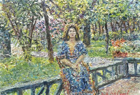Guido Borgianni (New York, 1915 - Firenze, 2011) Donna in giardino, 1970 Olio...