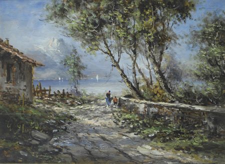 Antonio Brioschi (Vicenza, 1855 - 1920) Paesaggio Olio su tavola, cm. 35x26...