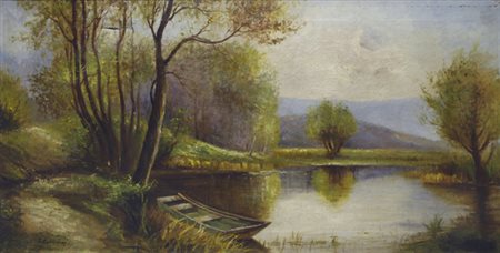 L. Calderini Sul lago Olio su tela, cm. 49x96 Firma in basso a destra. € 380/480