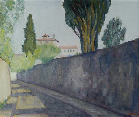 Giancarlo Caldini (Lucca, 1926) Via San Leonardo Olio su tela, cm. 60x70...