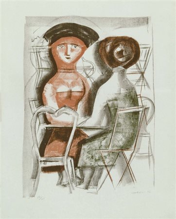 Massimo Campigli (Berlino, 1895 - St. Tropez, 1971) Al tavolino Litografia,...