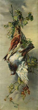Lina Canocchi Natura morta con volatili, 1910 Olio su tela, cm. 95x34 Firma...