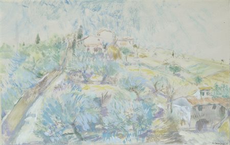 Virgilio Carmignani (Empoli, 1909 - 1992) Campagna con case, 1989 Tempera su...