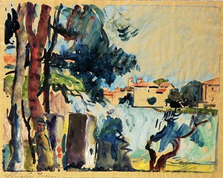 Enrichetta Chiostri (Firenze, 1860 - 1942) Paesaggio Tempera su carta, cm....