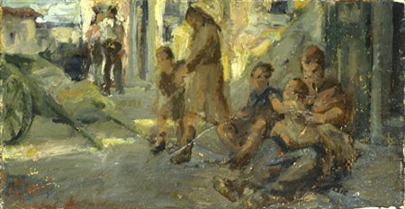 Cesare Ciani (Firenze, 1854 - 1925) Vita nel vicolo Olio su cartone, cm....