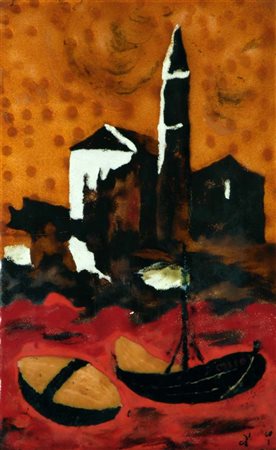 Giovanni Cilio (Acate, 1914) Paesaggio Placca di metallo invetriata e...