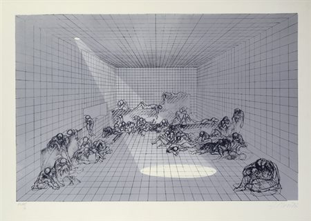 Fabrizio Clerici (Milano, 1913 - Roma, 1993) Interno con figure Litografia,...