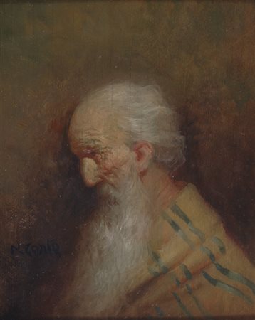N. Conte Profilo di vecchio Olio su tavola, cm. 20x16 Firma in basso a...