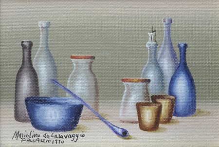 Mariolino Da Caravaggio Natura morta, 1970 Olio su faesite, cm. 13x18 Firma e...