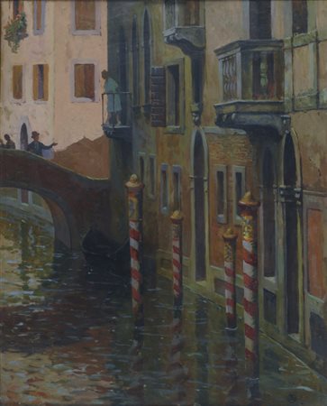 Nino Della Gatta (Sezze, 1868) Canale a Venezia Olio su cartone, cm. 51x41...