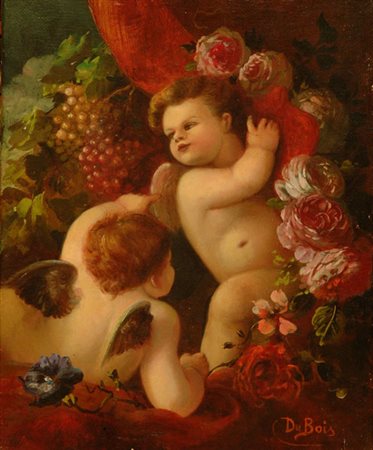 Du Bois Putto con fiori e uva Olio su tela, cm. 31x25 Firma in basso a...