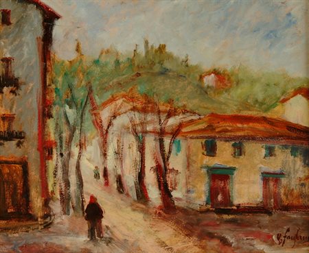 Enzo Fanfani Piazza Tasso Olio su cartone, cm 46x56 Firma in basso a destra e...