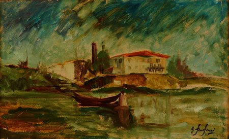 Enzo Fanfani La casaccia Olio su cartone, cm 41x67 Firma in basso a destra....