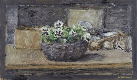 Enzo Faraoni (S. Stefano Magra, 1920) Natura morta con cesto di pansé, 1986...