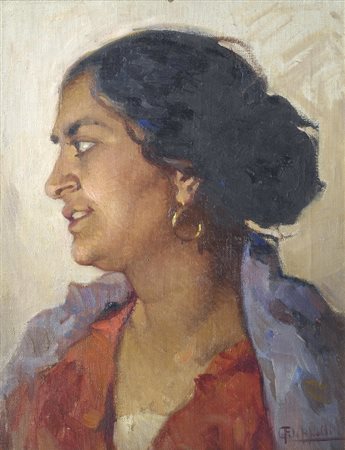 Cafiero Filippelli (Livorno, 1889 - 1973) Profilo di popolana Olio su tela,...