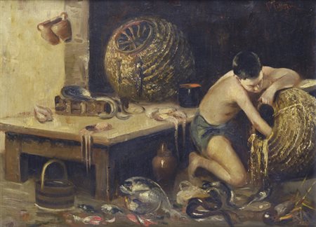 Ernesto Fontana (Curiglia, 1837 - 1918) Pescatorello Olio su tavola, cm....
