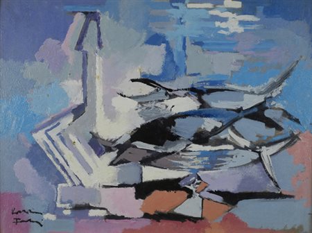 Voltolino Fontani (Livorno, 1920 - 1976) Astratto (pesci) Olio su faesite,...