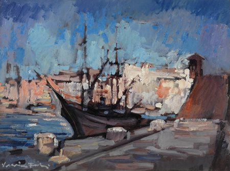 Voltolino Fontani (Livorno, 1920 - 1976) Veduta di un porto Olio su faesite,...