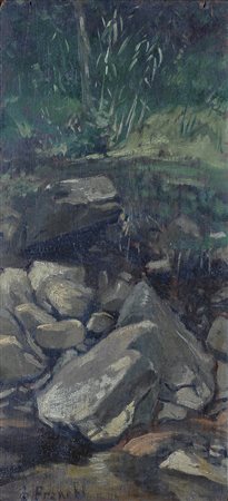 I. Franchi Rocce nel fiume Olio su tavoletta, cm. 18,5x8,5 Firma in basso a...