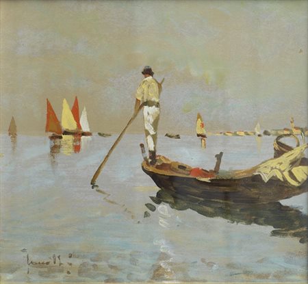 Enrico Frattini (Capri, 1890 - 1968) Barcaiolo Olio su masonite, cm. 27x25,5...