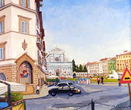 Renato Fuccini Piazza Santa Maria Novella Olio su faesite, cm. 50x60 Firma in...