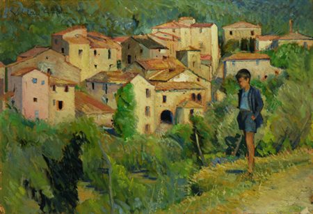 Valentino Ghiglia (Firenze, 1903 - 1960) Veduta di paese con ragazzo, 1940...