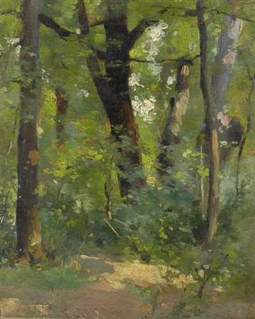 Alfredo Giovannozzi Sottobosco Olio su compensato, cm. 16x13 Firma sul verso....