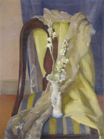 Ezio Giovannozzi (Firenze, 1882 - 1964) Fiori e panneggio su una sedia Olio...
