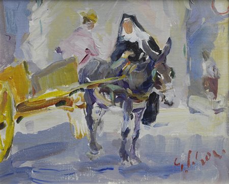 Gino Paolo Gori (Firenze, 1911 - 1991) Monachina con carretto e viandante...