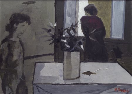 Renzo Grazzini (Firenze, 1912 - 1989) Interno con figure Olio su tavola, cm....