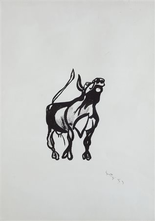 Renato Guttuso (Bagheria, 1912 - Roma, 1987) Toro, 1953 China su carta, cm....