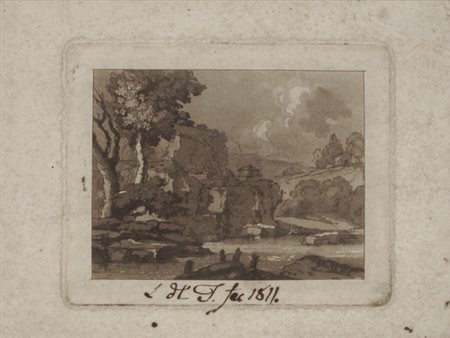 H.I Paesaggio, 1811 Acquatinta stampata in seppia, cm. 13,5x19 Monogramma e...