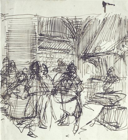 Tito Lessi (Firenze, 1858 - 1917) Mercatino Inchiostro su carta, cm....