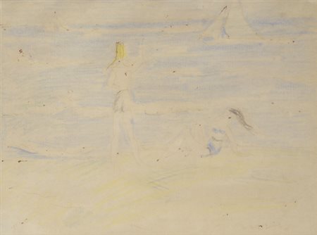 Moses Levy (Tunisi, 1885 - Viareggio, 1968) Sulla spiaggia Pastelli su carta,...