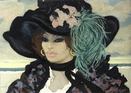 Fausto Maria Liberatore (Lucca, 1927 - 2004) Donna con cappello Olio su...