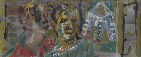 Silvio Loffredo (Parigi, 1920) Due figure, 1980 Olio su tavola, cm. 22x52...