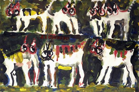 Silvio Loffredo (Parigi, 1920) Gatti Olio su cartone, cm. 40x60 Firma sul...