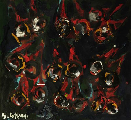 Silvio Loffredo (Parigi, 1920) Gatti rossi Tecnica mista su tavola, cm. 68x62,5