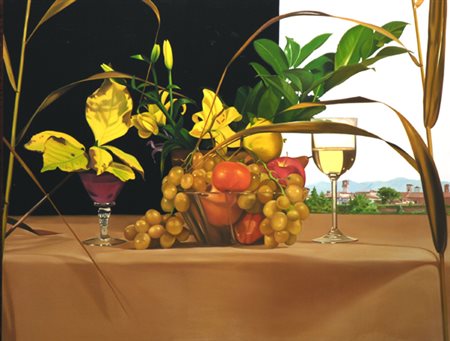 Adolfo Lorenzetti (Lucca, 1952) Natura morta con canne e Lucca di sfondo,...