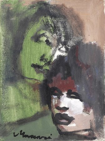 Mino Maccari (Siena, 1898 - Roma, 1989) Due volti Olio su cartone telato, cm....