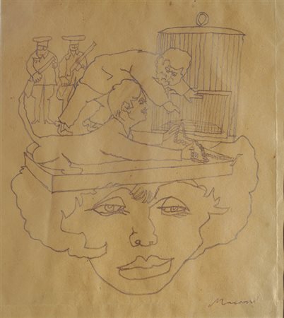 Mino Maccari (Siena, 1898 - Roma, 1989) Figura Matita su carta, cm. 21x23,2...