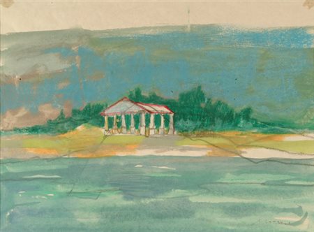 Mino Maccari (Siena, 1898 - Roma, 1989) Tempio sulla spiaggia Tecnica mista...