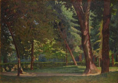 E. Majorfi Scorcio di parco, 1921 Olio su cartone, cm. 40,5x57,5 Firma in...