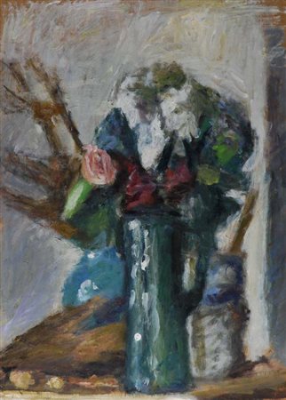Mario Marcucci (Viareggio, 1910 - 1992) Vaso verde con fiori, (1983) Olio su...