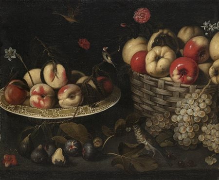 Maestro caravaggesco del secolo XVII

Alzata con frutta, cesta e uccellini
Olio