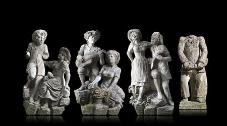 Tre gruppi di sculture in pietra di Vicenza raffiguranti scene galanti, uniti a