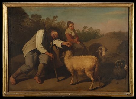 Francesco Londonio Pastore addormentato con pastorella e montoni
Olio su tela cm